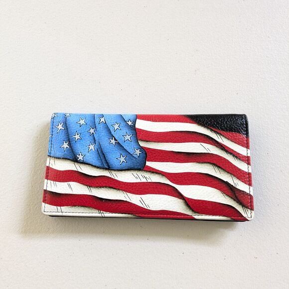 Anuschka Stars and Stripes Flag Two-Fold Clutch Slim Wallet 7.5" x 4" NWT - Picture 1 of 8